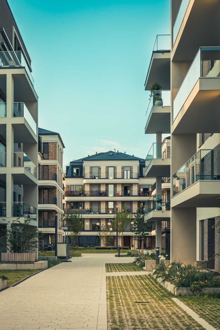 Photograph of a contemporary urban skyline with residential buildings
